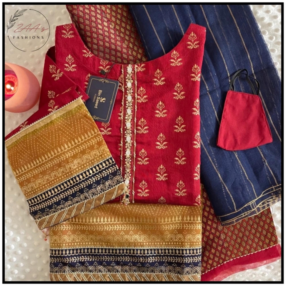 Pakistani Block print suit with matching mask